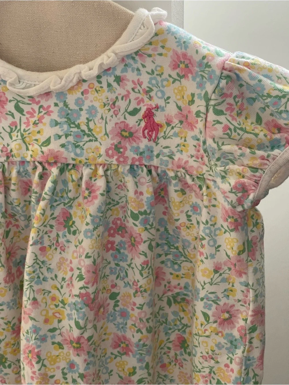 Ralph Lauren Baby Girl Floral Dress 9M Pink Blue Short Puff Sleeves Ruffles